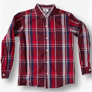 Old Navy Long Sleeve Shirt Button Front Collar Red Blue White Plaid Boys Sz L